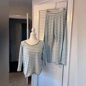 LAKE Blueish/Green Striped and Green Trim Soft Cotton Pajama Set